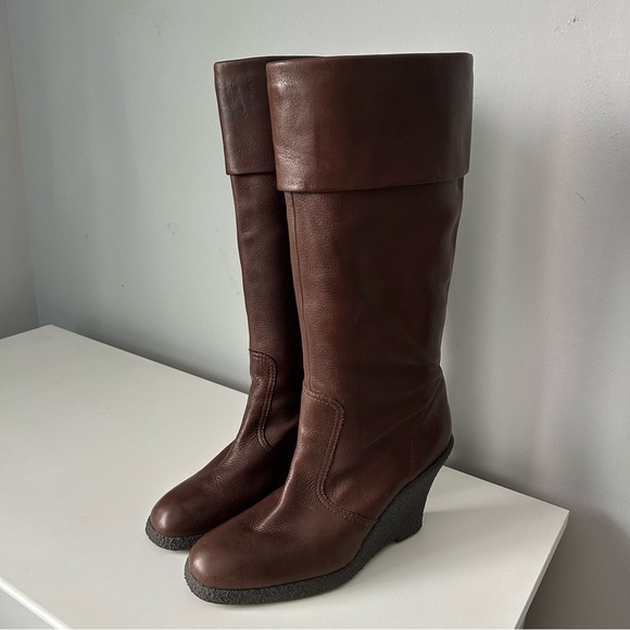 Hilary Radley y2k Women’s Brown Leather Knee-High Wedge Heeled Boots - Picture 4 of 15
